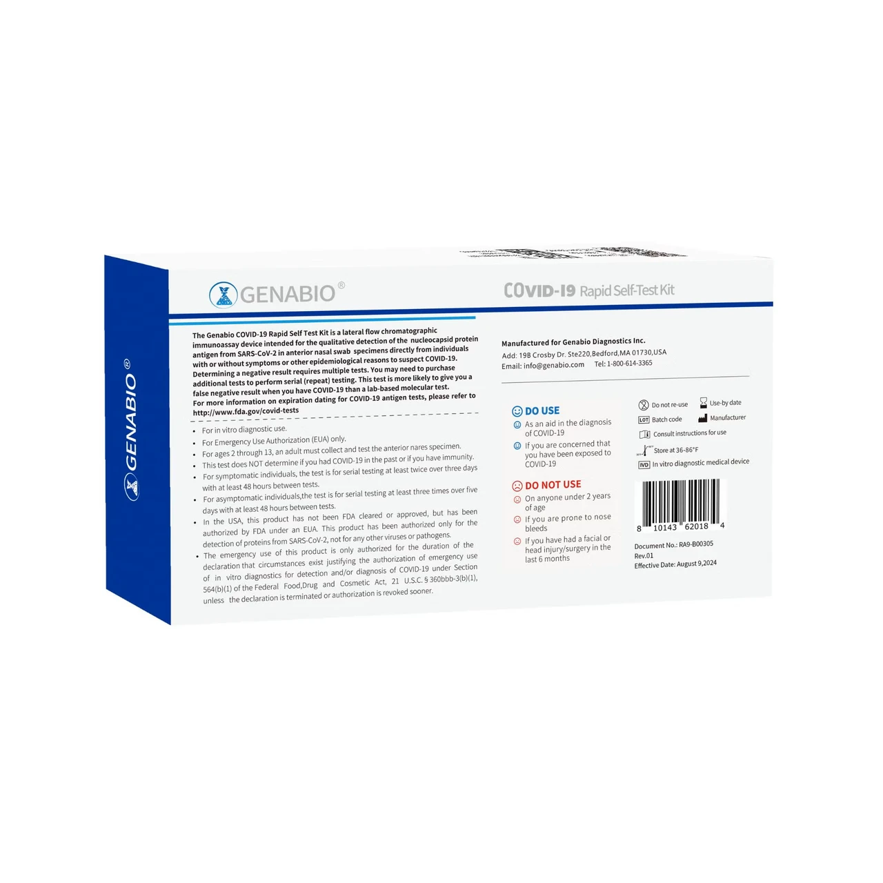 Respiratory Test Kit Genabio® COVID-19 Rapid Self-Test 5 Tests per Kit, Case of 54