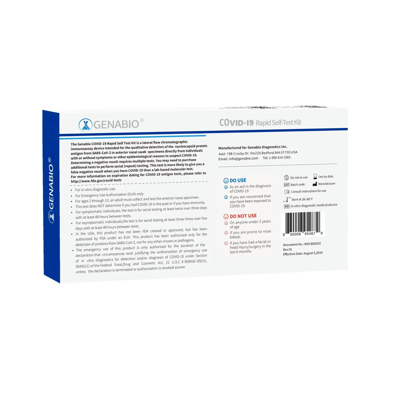 Respiratory Test Kit Genabio® COVID-19 Rapid Self-Test 2 Tests per Kit