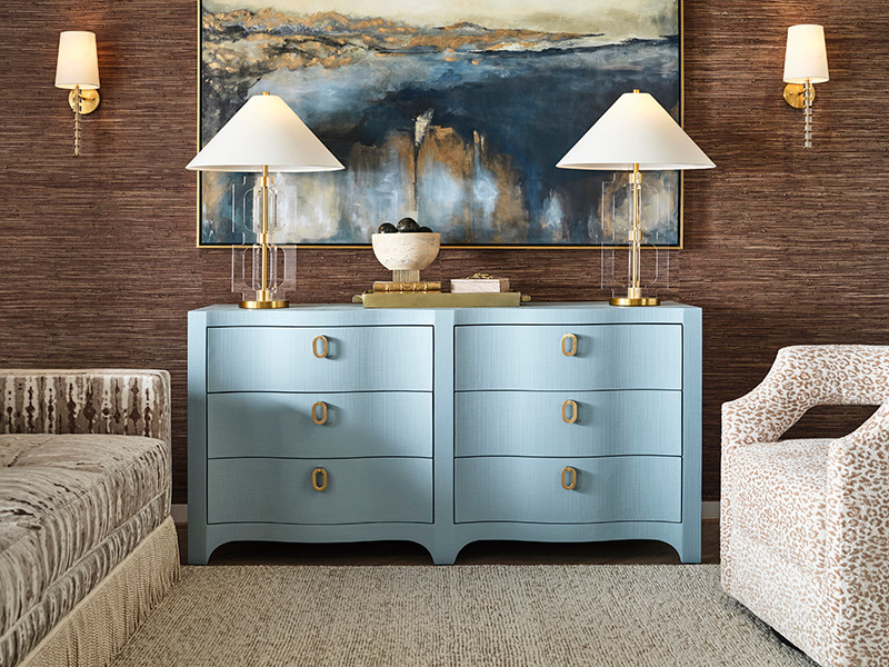 large blue dresser Lacquered Heavy Linen Storm Blue Elina Six Drawer Dresser with Custom – The  Well Appointed House main image 1