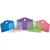 Colorfull plastic wave bags in various vibrant shades with die cut handles.