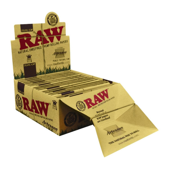 RAW - KING SIZE ORGANIC HEMP SLIM ROLLING PAPERS 32 COUNT PACK (DISPLAY OF 15)