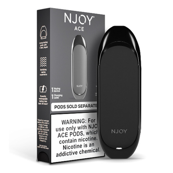 Product image showcasing the NJOY ACE Device in a minimalist setting, emphasizing its sleek and ergonomic body. The image captures the device's slim profile and modern aesthetic, highlighting the smooth texture and metallic finish ideal for a sophisticated vaping experience.