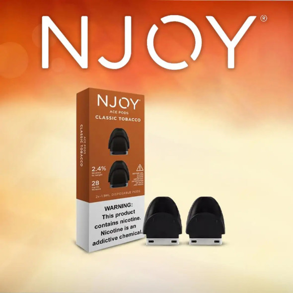 Front view of the NJOY ACE POD Classic Tobacco 2.4% packaging, showcasing the sleek design and highlighting the tobacco flavor. The packaging's distinctive color scheme and clear labeling of the 2.4% nicotine content emphasize its appeal to those seeking a classic and satisfying tobacco experience.
