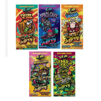 HIXOTIC Trap’d Out Jeffrey Disposable 3g 

Hixotic's "The Jeffrey" has evolved, and is now "Trap'd Out Jeffrey." With flavors and effects that are sure to be loud, look no further for your favorite blend of potent cannabinoids. Now in a discreet, compact 3g disposable, Trap'd Out Jeffrey disposable is ready to go, wherever you are headed!

Our 3g Trap'd Out Jeffrey disposable is made using advanced materials, including a carefully constructed coil that preserves the flavor and allows for smooth hits without the risk of clogging. It also features a preheat function to warm the coil and ensure you always get an effortless hit. You will enjoy a consistent experience that delivers the perfect dose time and time again.

Directions: Press button 5 times to power on/off. Press the button 2 times for preheat function. Press button and inhale for two seconds; wait 30 seconds and repeat for desired effect. Suggested not to exceed 5 inhales within 30 minutes

Hixotic Trap'd Out Jeffrey 3g Disposable Features:

Preheat button, no clogging, rechargeable USB-C (charging cord not included)
400 mAh battery
This product is in compliance with section 10113 of the 2018 Farm Bill and contains less than 0.3% Delta 9 THC
Must be over 21; Do not operate heavy machinery

Flavors:

Candyland – Each "Candyland" disposable contains a live resin blend of PHC + THCP + D8 + THCV

Contains: Compliant Hemp Derived PHC, THCP, D8, THCV Distillate, Natural Terpenes
Space Cake – Each "Spacecake" disposable contains a live resin blend of THCA + PHC + THCP + D8 + THCV

Contains: Compliant Hemp Derived PHC, THCP, D8, THCV, THCA Distillate, Natural Terpenes
Tigers Blood – Each "Tigers Blood" disposable contains a live resin blend of THCA + PHC + THCP + D8

Contains: Compliant Hemp Derived PHC, THCP, D8, THCA Distillate, Natural Terpenes
Laughing Buddha - Each "Laughing Buddha" disposable contains a live resin blend of THCB + THCP + HHCP + D8 Diamonds

Contains: Compliant Hemp Derived THCB, THCP, HHCP, D8 Diamonds Distillate, Natural Terpenes

Zombie OG - Each "Zombie OG" disposable contains a live resin blend of THCB + THCP + HHCP + D8
Contains: Compliant Hemp Derived THCB, THCP, HHCP, D8 Distillate, Natural Terpenes



Click Here for CERTIFICATE OF ANALYSIS - COA

Includes:

10 x HIXOTIC Trap’d Out Jeffrey Disposable 3g

These Products Are not intended to treat, diagnose, cure, or prevent any illness. Consult your doctor before using this product. KEEP AWAY FROM CHILDREN AND PETS. Store in cool conditions and keep out of direct sunlight




Shipping Restrictions: Please note that due to state regulations, we are unable to ship this product to the following states: Alaska, Arizona, Colorado, Connecticut, Delaware, Idaho, Iowa, Michigan, Montana, Nevada, New York, North Dakota, Oregon, Rhode Island, Utah, Vermont, and Washington.

Important Information: These products are not intended to diagnose, treat, cure, or prevent any illness. Before using this product, consult with your doctor. Keep this product out of reach of children and pets. Store it in cool conditions and away from direct sunlight.