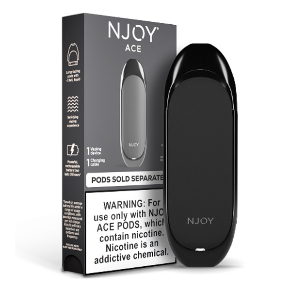 Product image showcasing the NJOY ACE Device in a minimalist setting, emphasizing its sleek and ergonomic body. The image captures the device's slim profile and modern aesthetic, highlighting the smooth texture and metallic finish ideal for a sophisticated vaping experience.