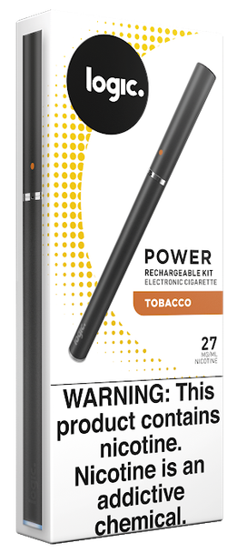 Showcase of the Logic Power Rechargeable Kit in its sleek packaging. The image highlights the kit's streamlined design and includes the vape device itself along with the USB charger, emphasizing the kit's readiness for immediate use. The packaging clearly displays the Logic brand, appealing to those familiar with its reputation for quality.