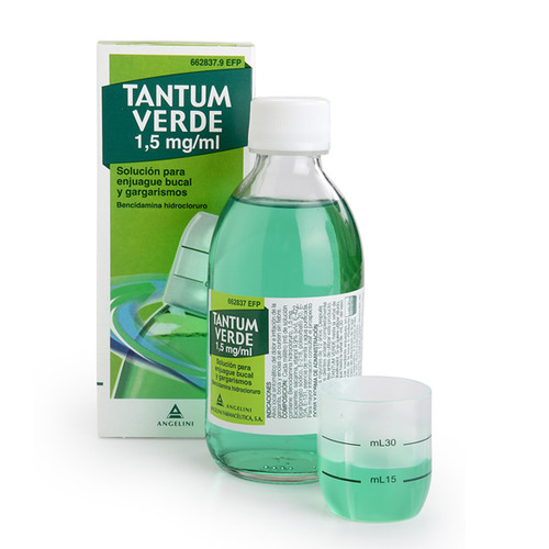 TANTUM VERDE 1,5 mg/ml SOLUCION PARA GARGARISMOS Y ENJUAGUE BUCAL , 1 frasco de 240 ml TANTUM VERDE 1,5 mg/ml SOLUCION PARA GARGARISMOS Y ENJUAGUE BUCAL , 1 frasco de 240 ml