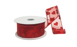 #9 Red Sheer Glitter Hearts Vday Ribbon - Wired Edge (20yd)