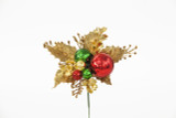 7in Glitter Holly Boxwood Pick (Bag of 12) - Red Green Gold