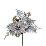 8in Berry Ball Holly Poinsettia Glitter Pick (Bag of 12) - Silver
