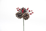 7in Long Pine Cone & Berries Pick x3 - White Tip (12pk)