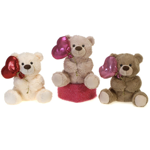 10in Sitting Bear Plush Holding Heart Balloon (Assorted)