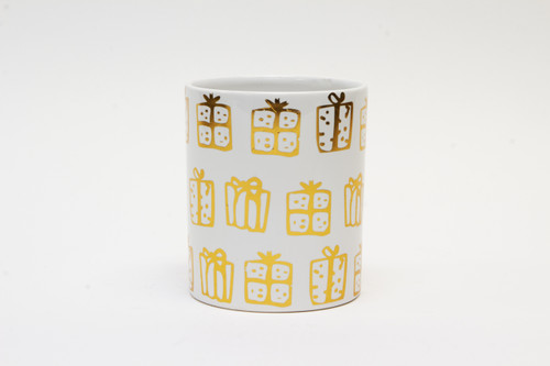 4in Wide "Gold Present" Ceramic Pot - White & Gold
