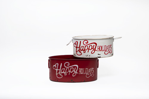 13in Long "Happy Holidays" Oval Tin Pot Cover - Red & White (Set of 2)