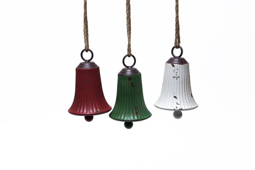 7in Distressed Metal Bell Ornament with Rope Hanger (Assorted)