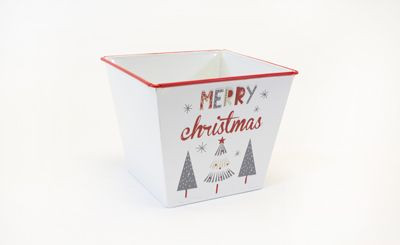5.5in Wide "Merry Christmas" Square Tin Pot Cover - White & Red