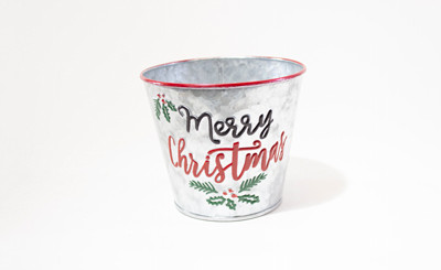 5in Wide "Merry Christmas" Tin Pot Cover - Red & Green