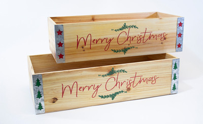 19in Long Wooden "Merry Christmas" Planter Box - Red & Green (Set of 2)