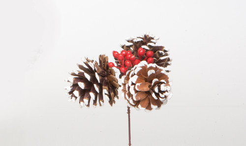 2in Bulk Triple Pine Cones & Red Berries Pick - White Tip (72pk)