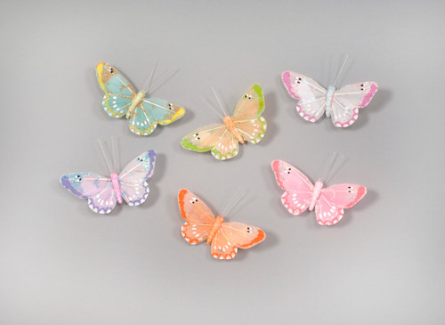 3in Feather Pastel Butterfly with Glitter and Wire - Assorted (12pk)