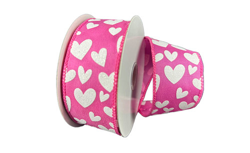 #9 Pink Satin Ribbon with Glitter White Hearts (20yd)