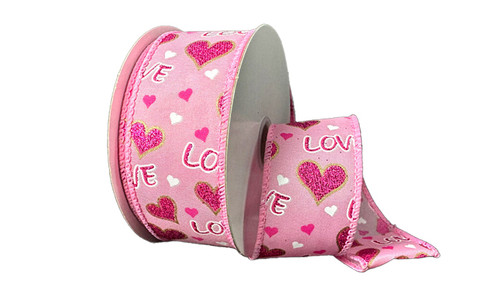 #9 Love Satin Ribbon with Glitter Hearts - Wired Edge (20yd) - Pink