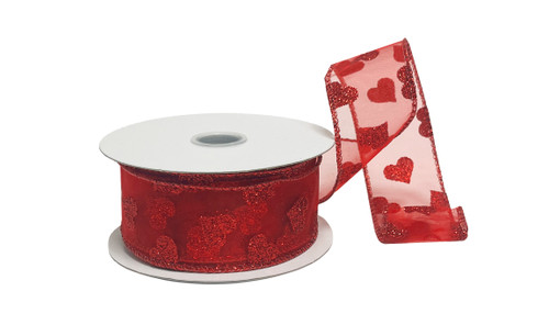 #9 Red Sheer Glitter Hearts Vday Ribbon - Wired Edge (20yd)