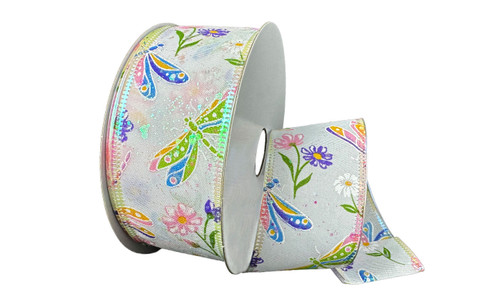 #9 Dragonflies & Flowers Glitter Spring Ribbon - Wired Edge (20yd)
