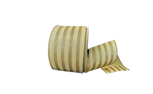 #40 Holiday Cabana Stripe Xmas Ribbon - Wired Edge - Gold (20yd)