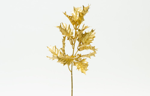 17.5in Metallic Holly Leaf Spray with Berries - Gold