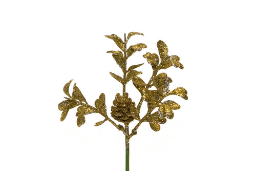 8in Glitter Boxwood Wreath Pick with Pine Cone (12pk) - Gold