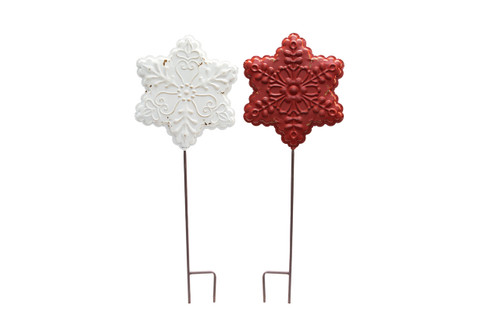 31.5in Tall Distressed Snowflake Stake - Red White (Assorted)