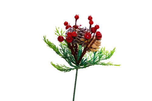 7in Cedar Wreath Pick with Red Berries & Mini Pine Cones (12pk)