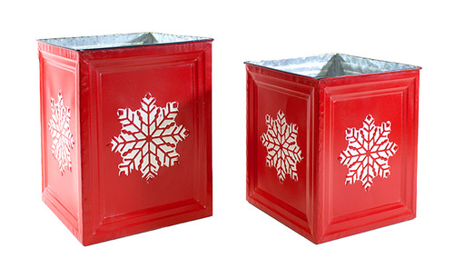 9.6in Wide Red Snowflake Cube Tin Pot Covers (Set of 2)