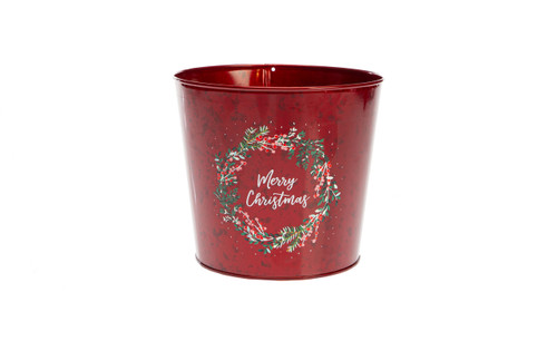 7.5in Wide "Merry Christmas" Wreath Tin Pot Cover - Red