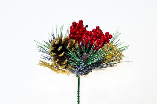 8in Glitter Cedar Wreath Pick with Apple, Berries & Pine Cone (12pk) - Gold