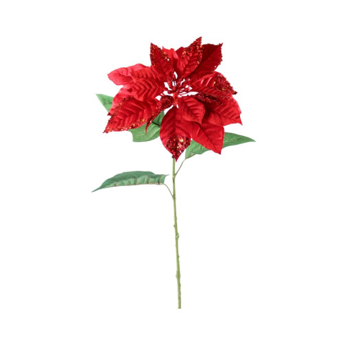 33in Velvet Poinsettia Stem with Glitter Edge - Red