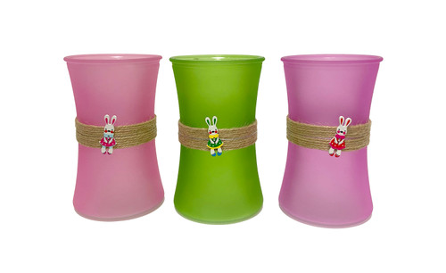 6.5in Tall Gathering Frosted Glass Vase with Bunny Charms (Assorted)
