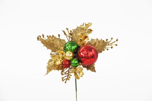 7in Glitter Holly Boxwood Pick - Red Green Gold