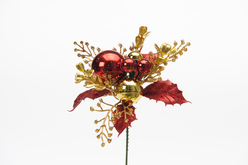 7in Glitter Holly Boxwood Pick - Red Gold