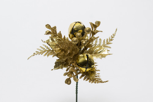 8in Glitter Holly Fern Boxwood Pick with Cones & Bells (Bag of 12) - Gold