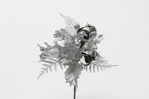 8in Glitter Holly Fern Boxwood Pick with Cones & Bells (Bag of 12) - Silver