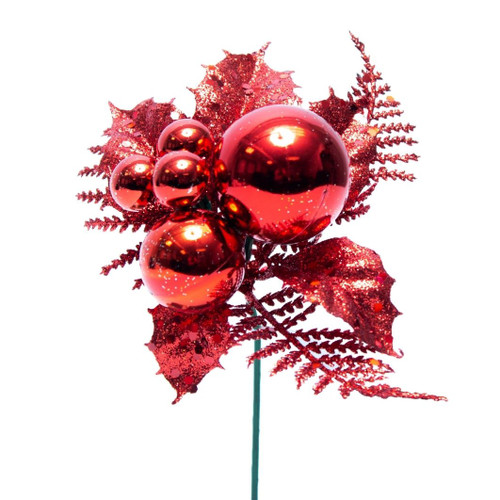 8in EP Ball Glitter Holly Fern Pick (Bag of 12) - Red