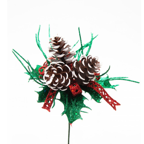 8in Glitter Holly Wreath Pick with Cones & Ribbon (Bag of 12) - Red Green Nat