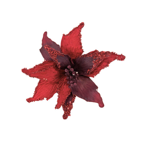 4.5in Glitter Sequin Poinsettia on Clip - Burgundy