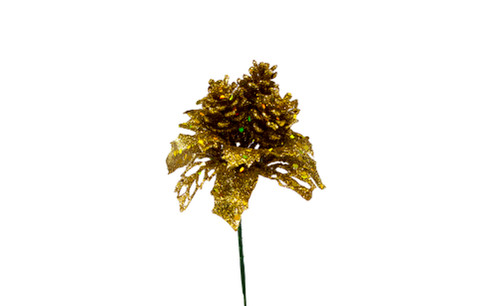 8in Mini Glitter Faux Cones x3 with Holly (Bag of 12) - Gold