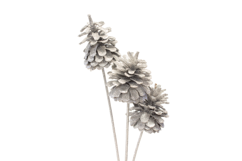 2.5in Glitter Pine Cone on 17in Stem (Bag of 3) - Silver
