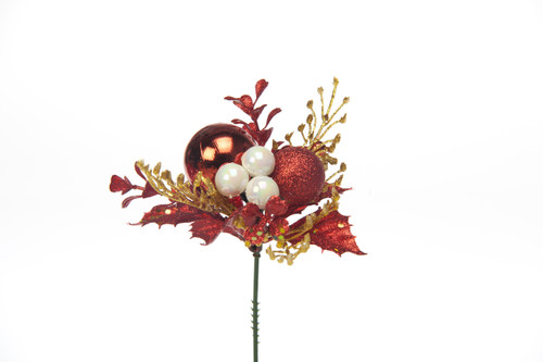 7in Glitter Boxwood Statice Ball Pick (Bag of 12) - Red Gold Pearl
