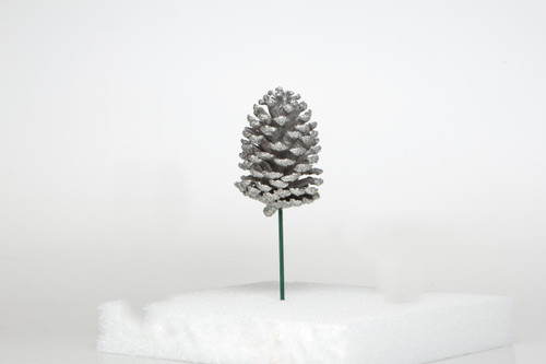 6in Glitter Pine Cone Pick - Silver Metallic