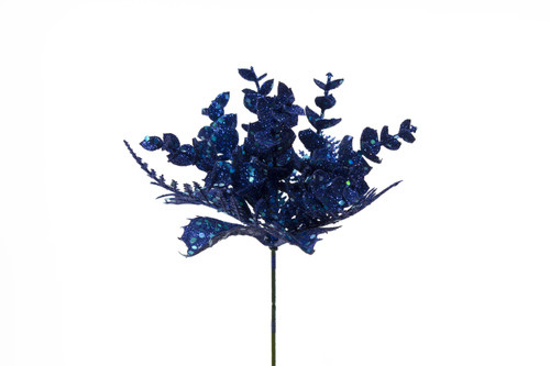 8in Glitter Holly Fern Boxwood Pick - Blue